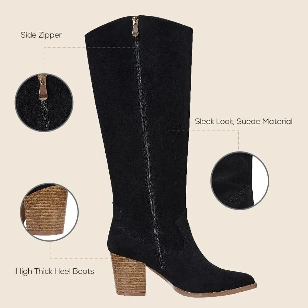 Womens Suede Black Side Zipper Knee High Pointed Toe Chunky Heel Tall Boots
